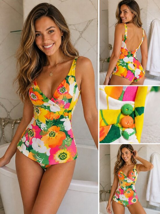 Robby Len Other - Vintage 70s Mod Floral Swimsuit/Bathing Suit Retro Pin Up Bright Psyc 11/12
